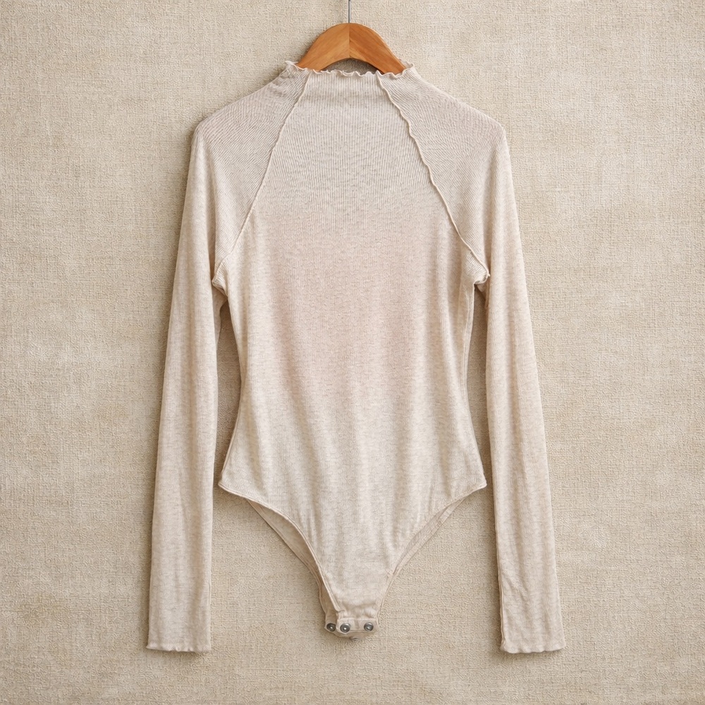 INTIMATELY FREE PEOPLE Ribbed Mock Neck Bodysuit Stretch Long Sleeve Neutral